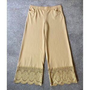 Isaac Mizrahi Wide-Leg Pants Lace Hem Beige Large Tall